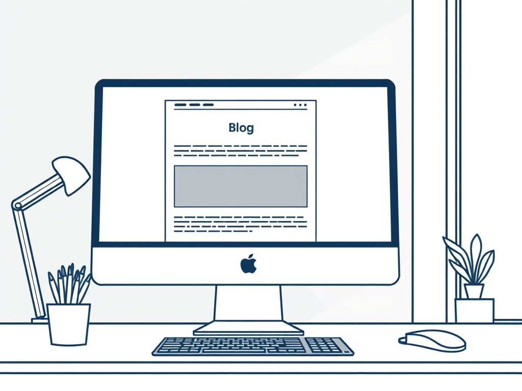 line art illustration of a blog post open on a computer monitor surrounded by items on a desk: lamp, pens, plant, keyboard