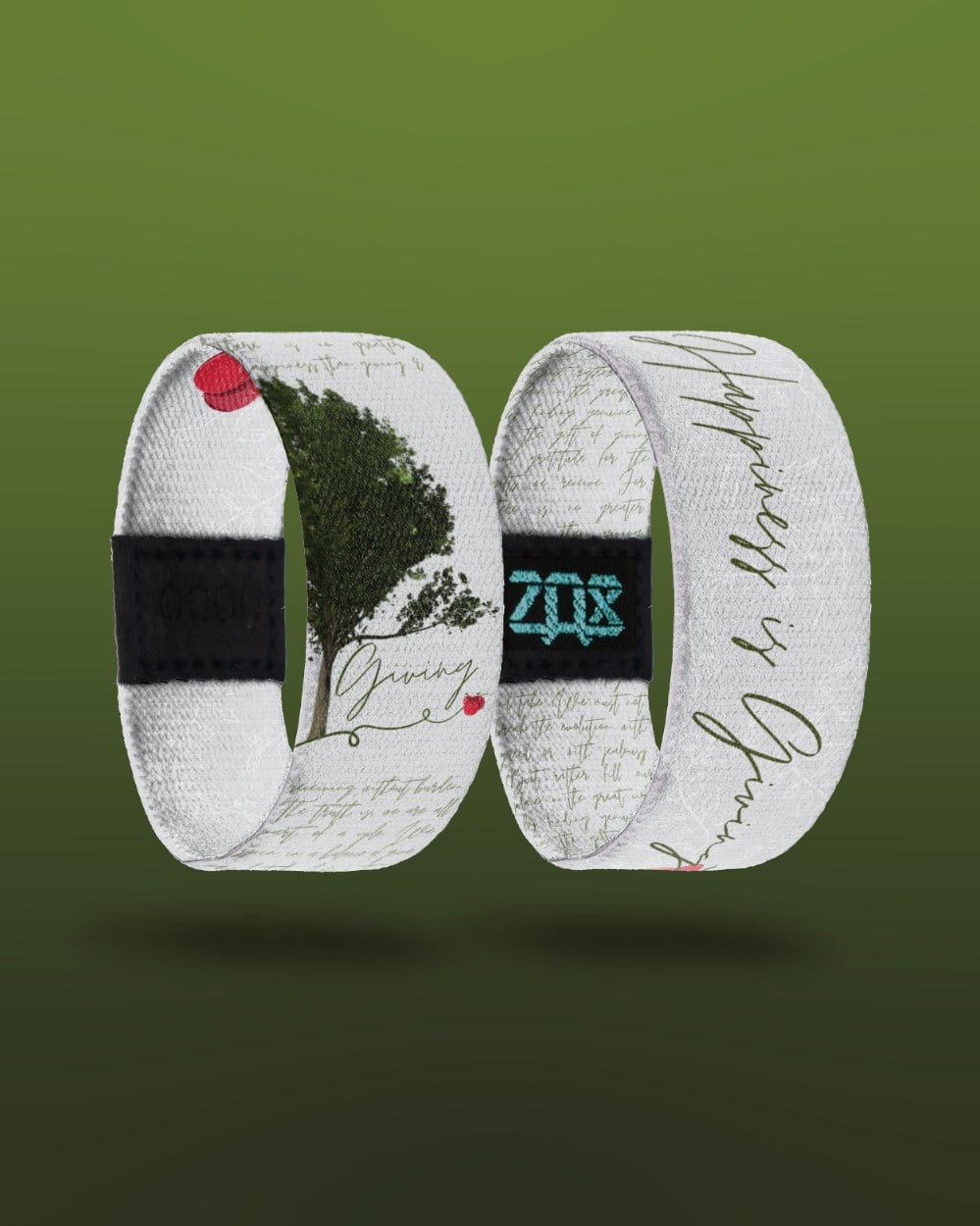 two elastic strap bracelets showing inside and outside of design happiness is giving