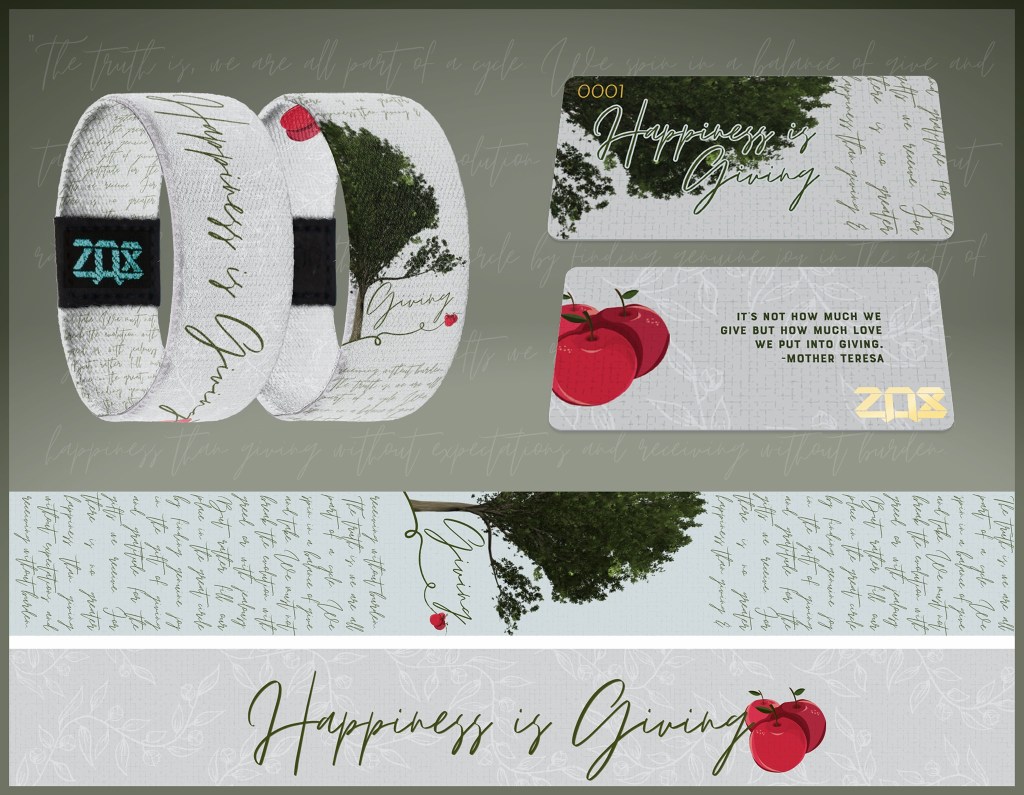 Happiness is Giving ZOX bracelet design marketing collage