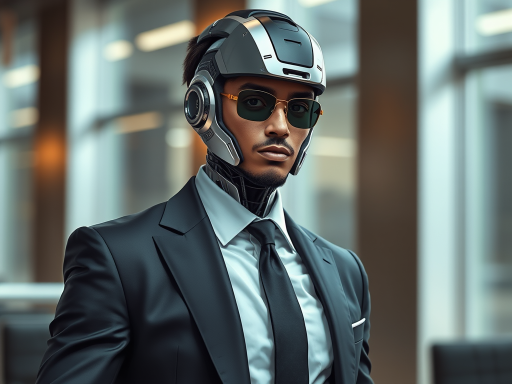 Image of male cyborg in business suite
