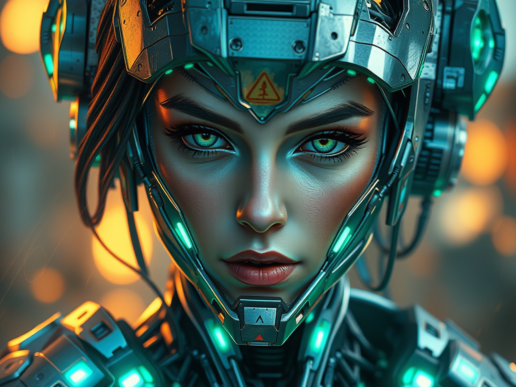 Image of female cyborg with vibrant green eyes.