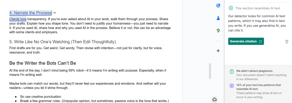Screenshot of an excerpt from this blog post from Google Docs with Grammarly scoring for AI text.