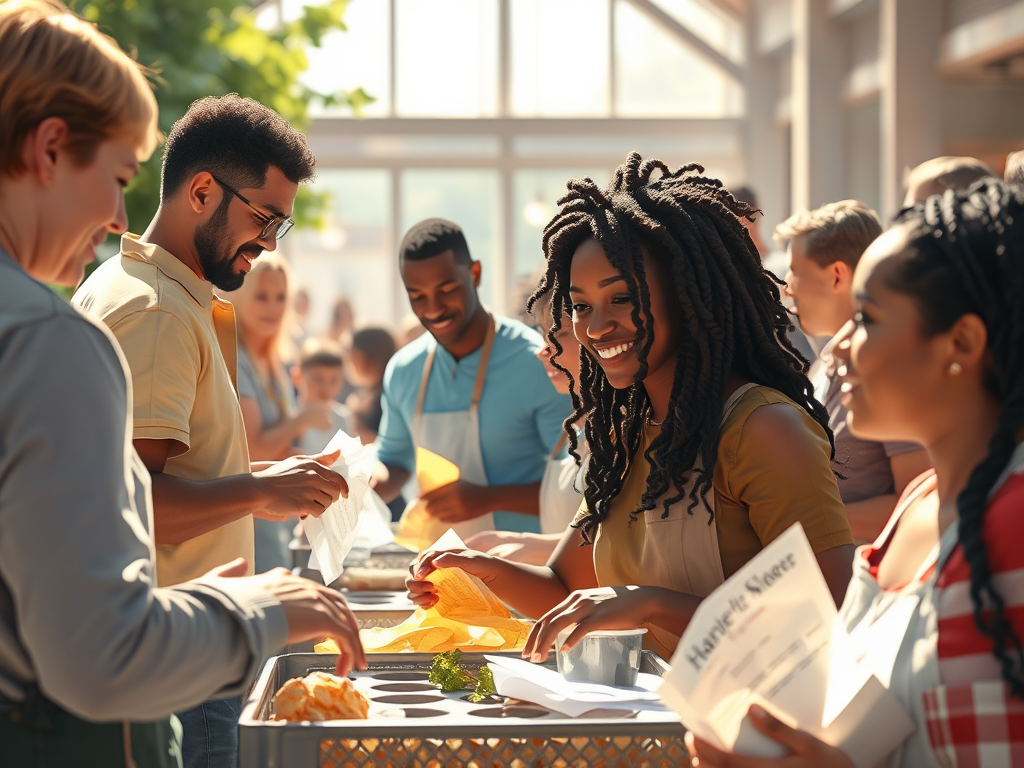 Image of a people serving food at a social event or fundraising event for a charitable cause